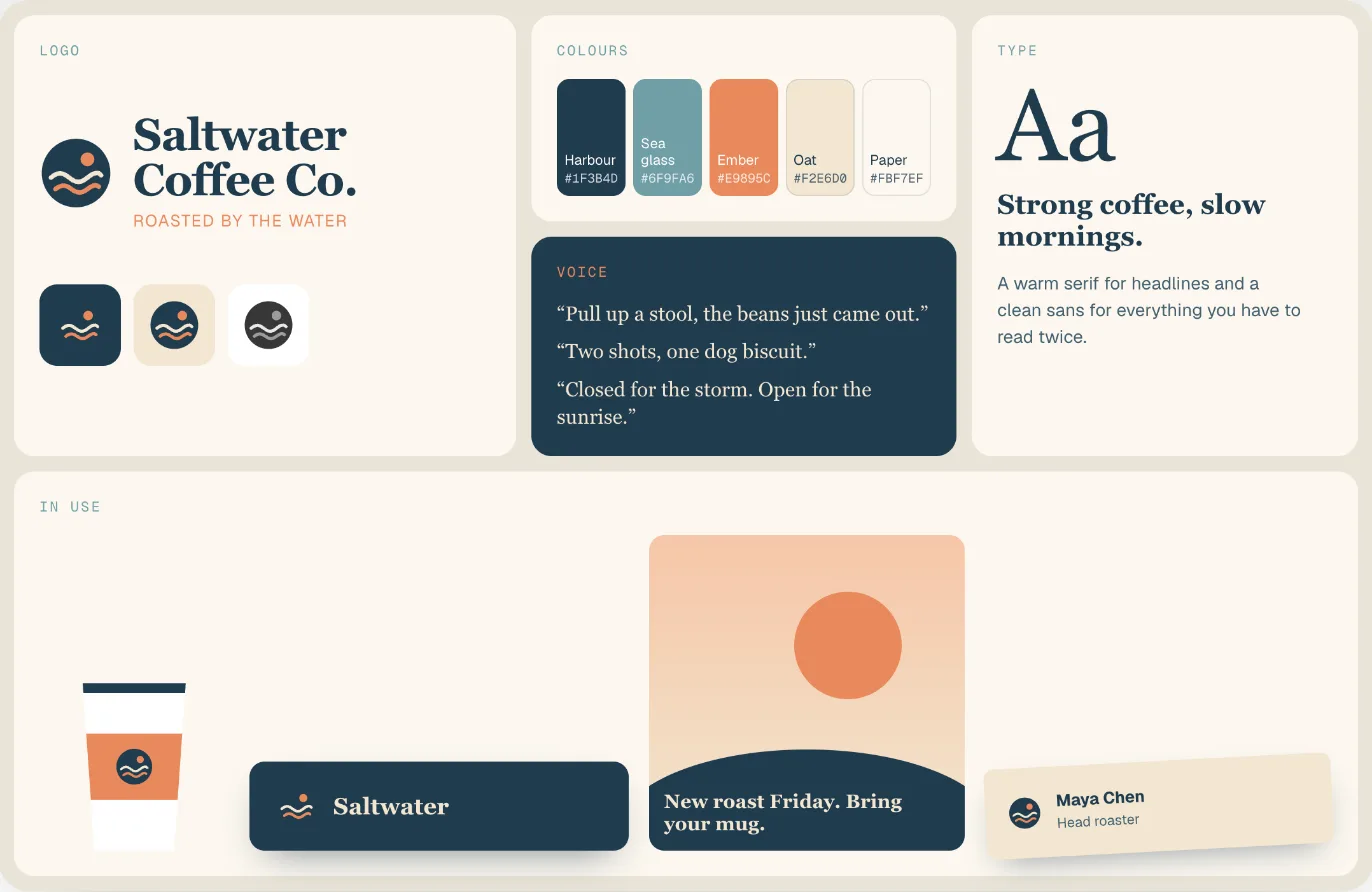 A brand board with a logo, colour palette, type and the brand on a cup, a sign and a post.