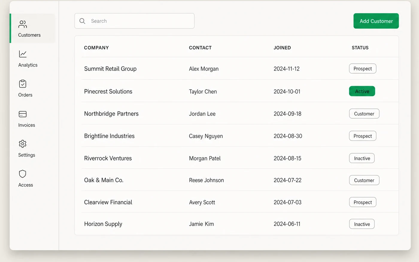 A customer list with a sidebar, a search field and a status on every record.