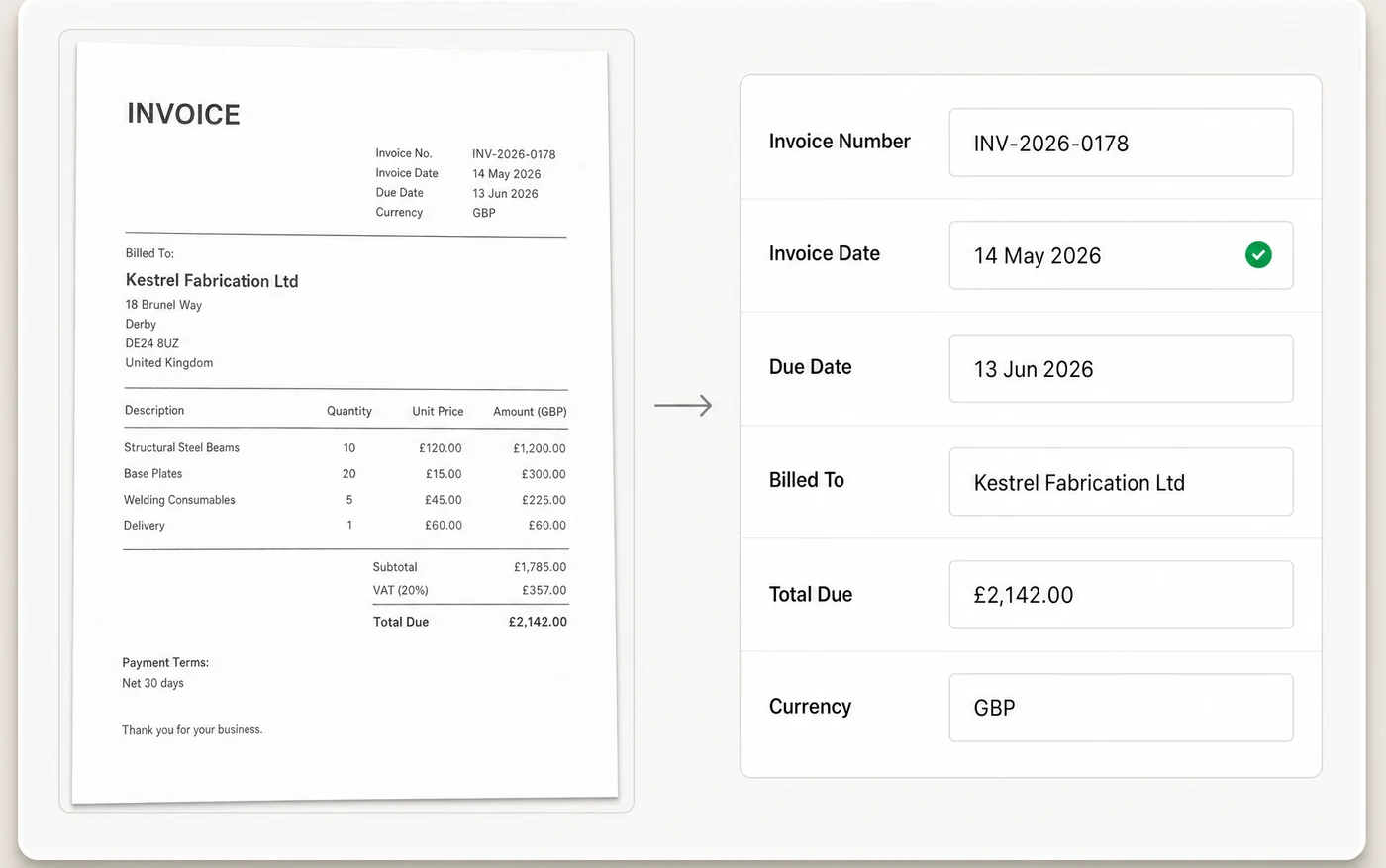 An invoice on the left and its details filled in automatically on the right.